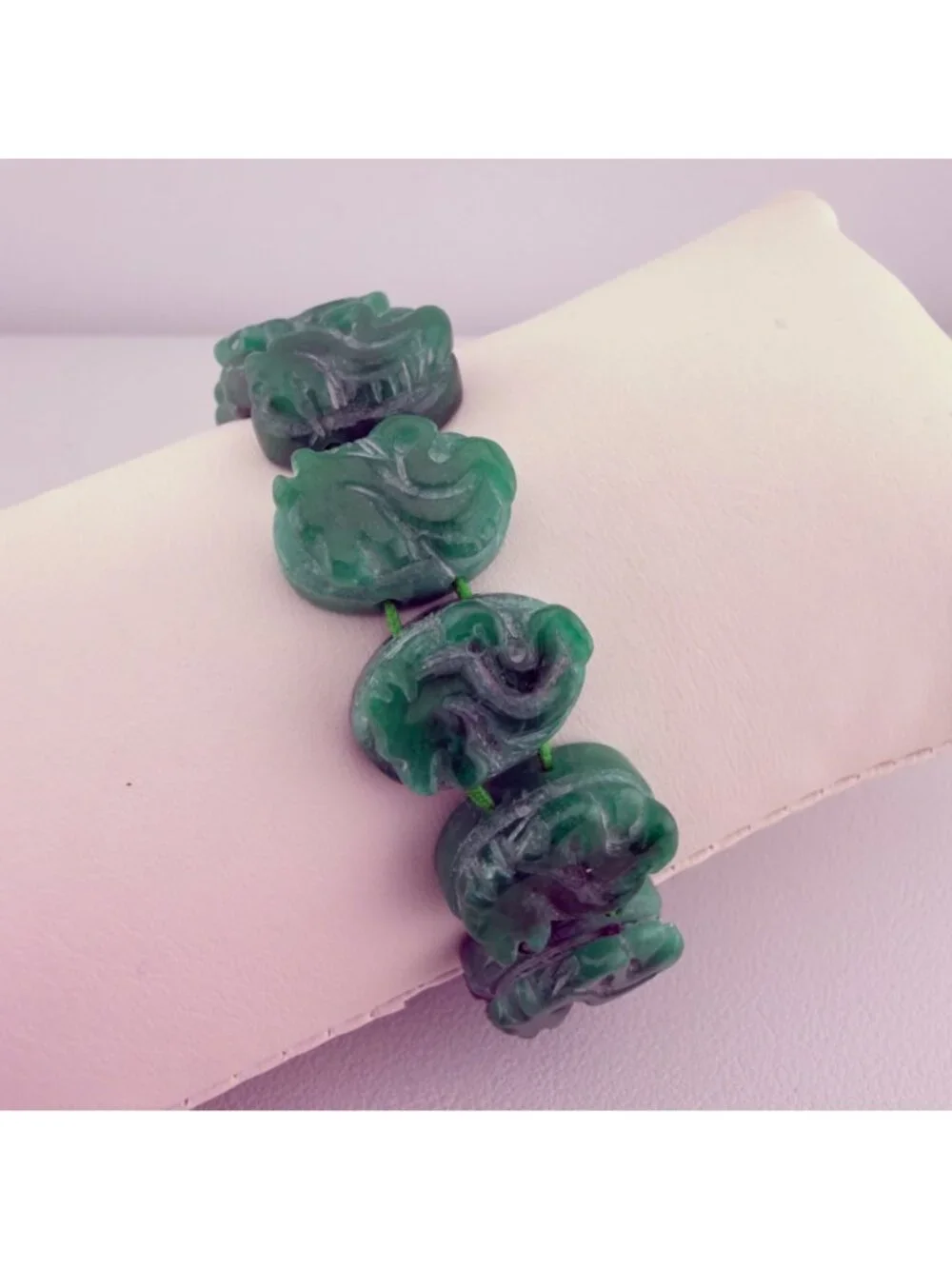 Green Carved Stone Dragon Stretch Bracelet Panel